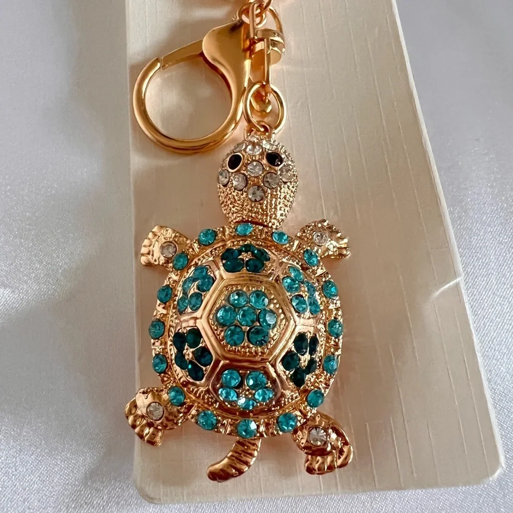 Turtle Key Chain Or bag Charm Teal/Blue Crystal Rhinestone Gold Tone Hardware